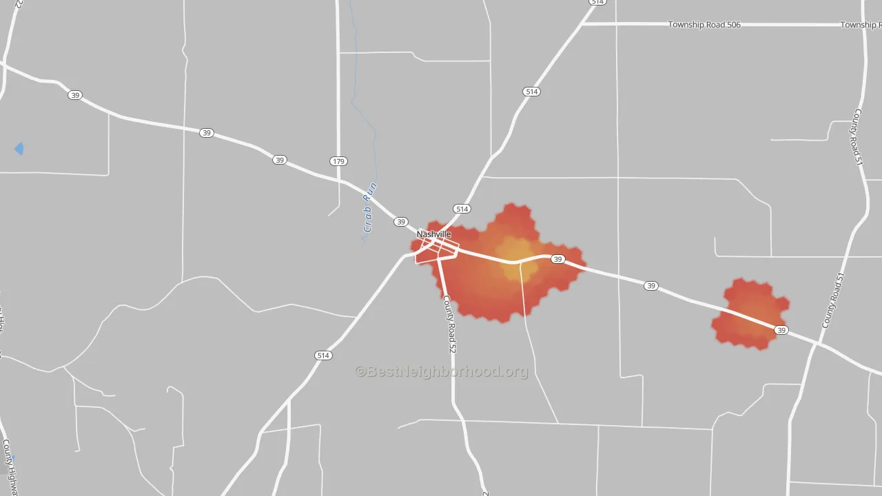 Walk Grade map of 44661, OH, walkable areas in green and car-dependent areas in red