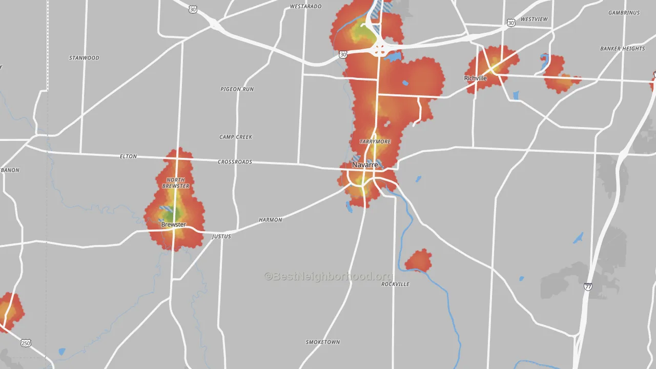Walk Grade map of 44662, OH, walkable areas in green and car-dependent areas in red