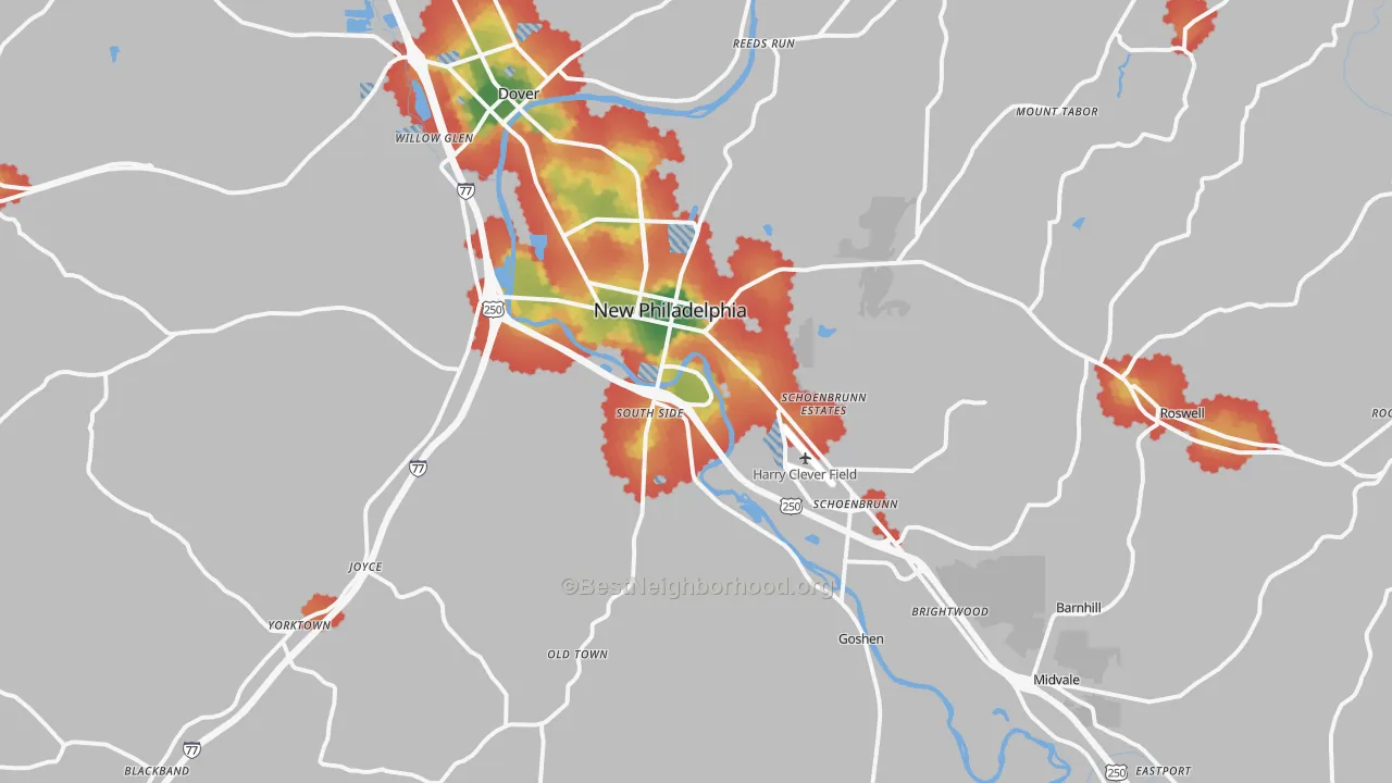 Walk Grade map of 44663, OH, walkable areas in green and car-dependent areas in red