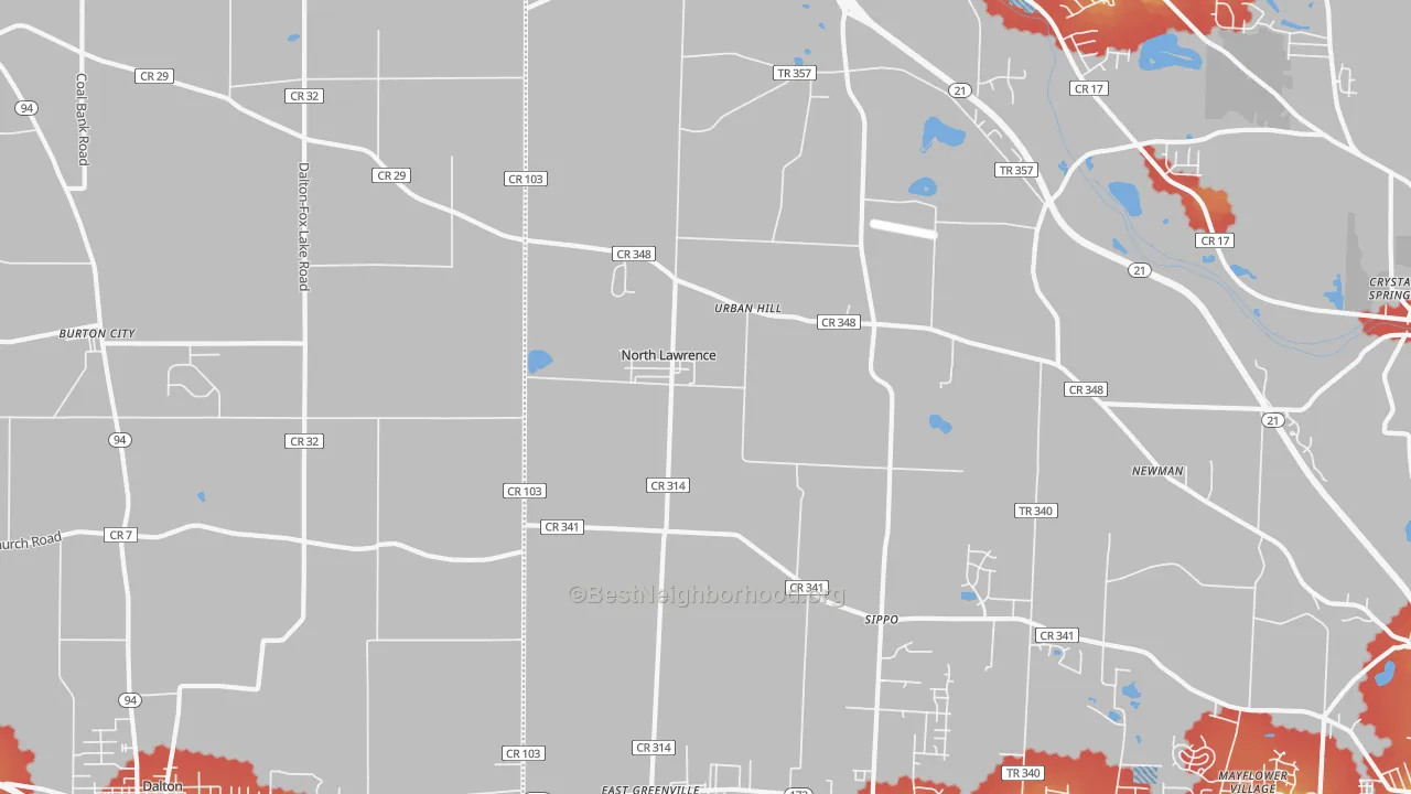 Walk Grade map of 44666, OH, walkable areas in green and car-dependent areas in red