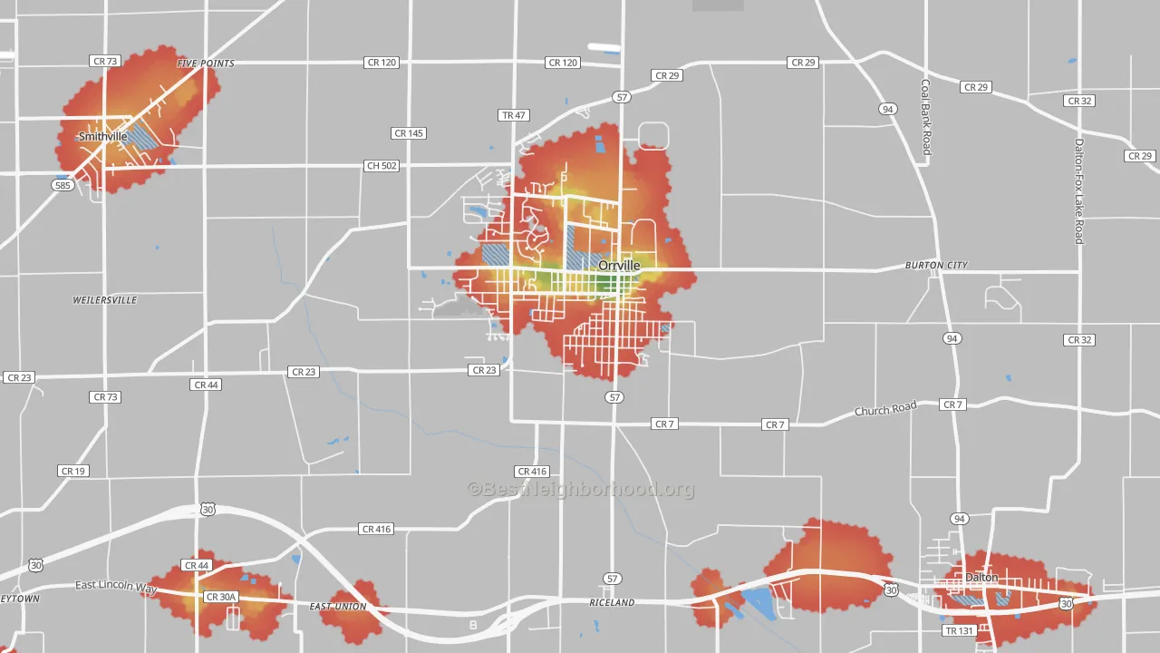 Walk Grade map of 44667, OH, walkable areas in green and car-dependent areas in red