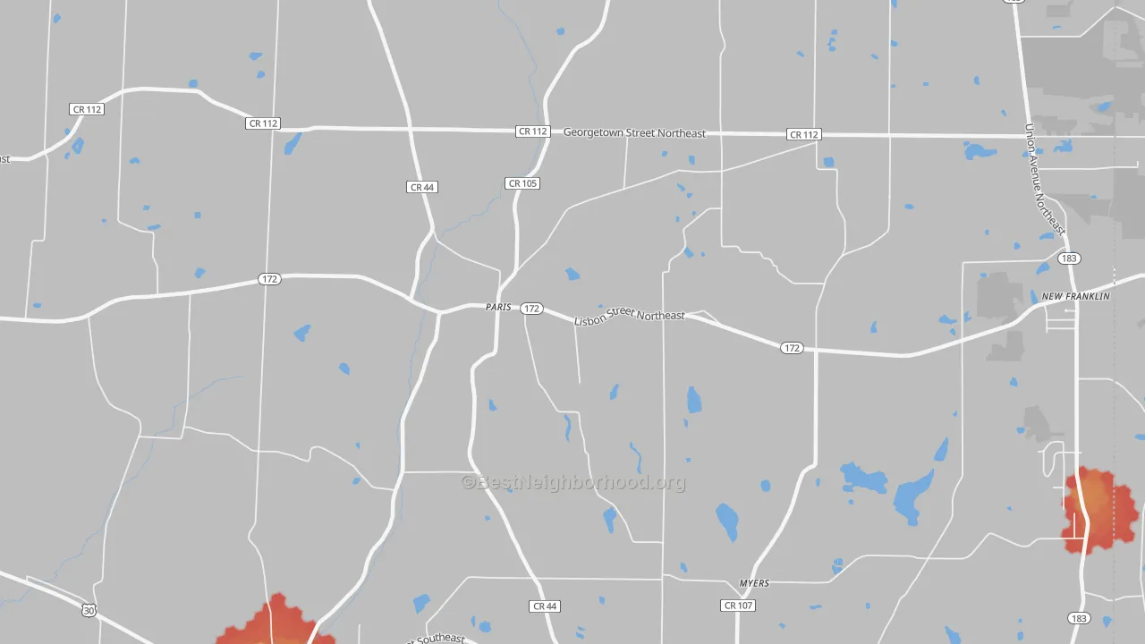 Walk Grade map of 44669, OH, walkable areas in green and car-dependent areas in red