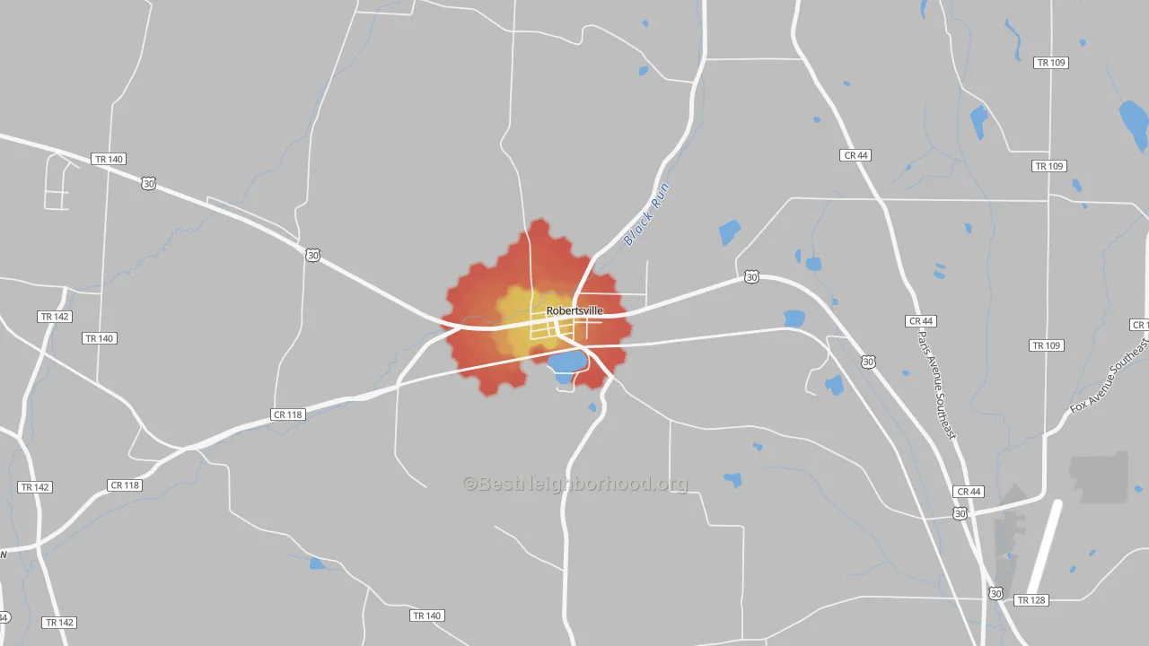 Walk Grade map of 44670, OH, walkable areas in green and car-dependent areas in red