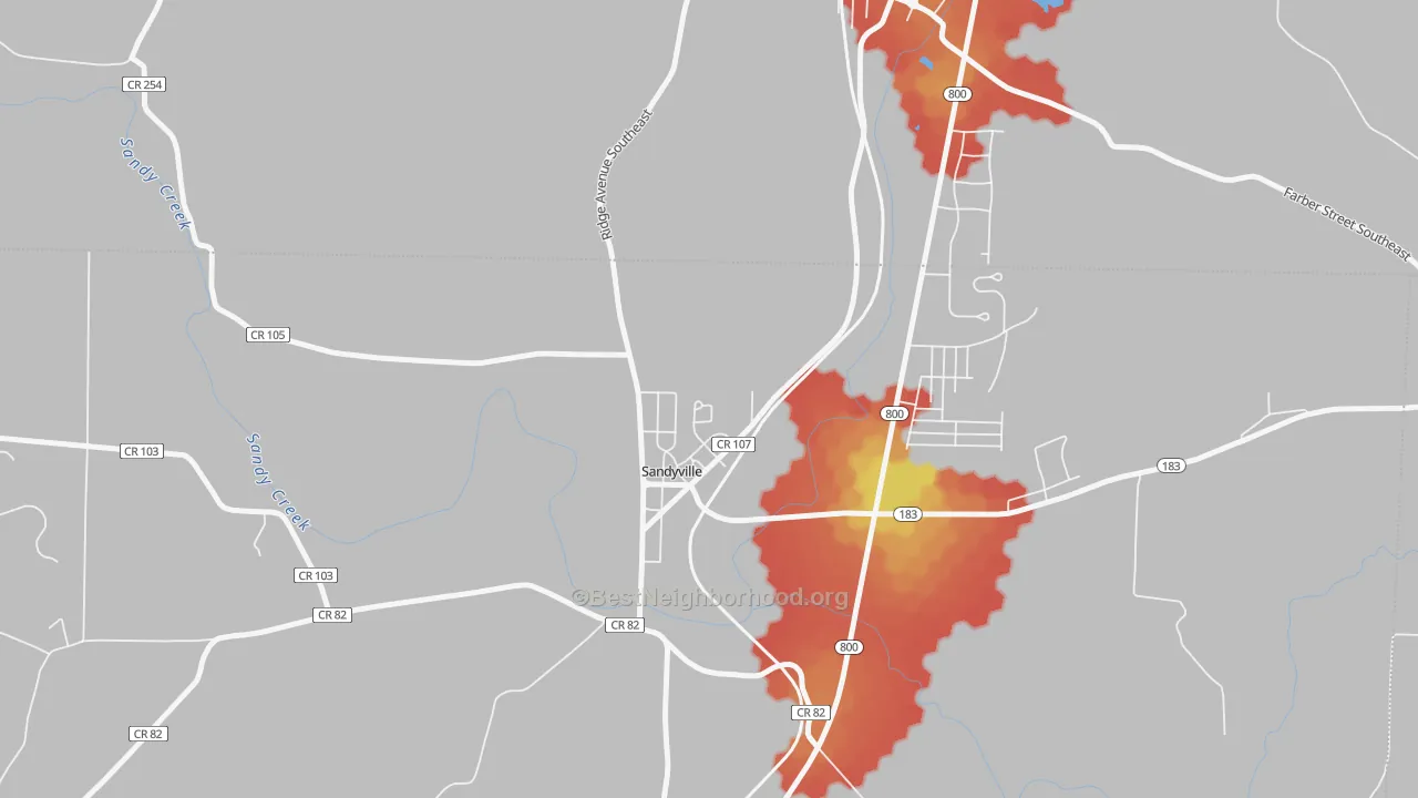 Walk Grade map of 44671, OH, walkable areas in green and car-dependent areas in red