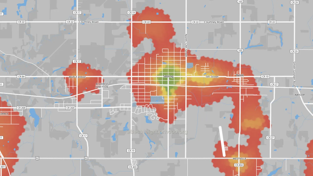 Walk Grade map of 44672, OH, walkable areas in green and car-dependent areas in red