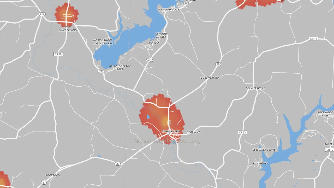 Walk Grade map of 44675, OH, walkable areas in green and car-dependent areas in red