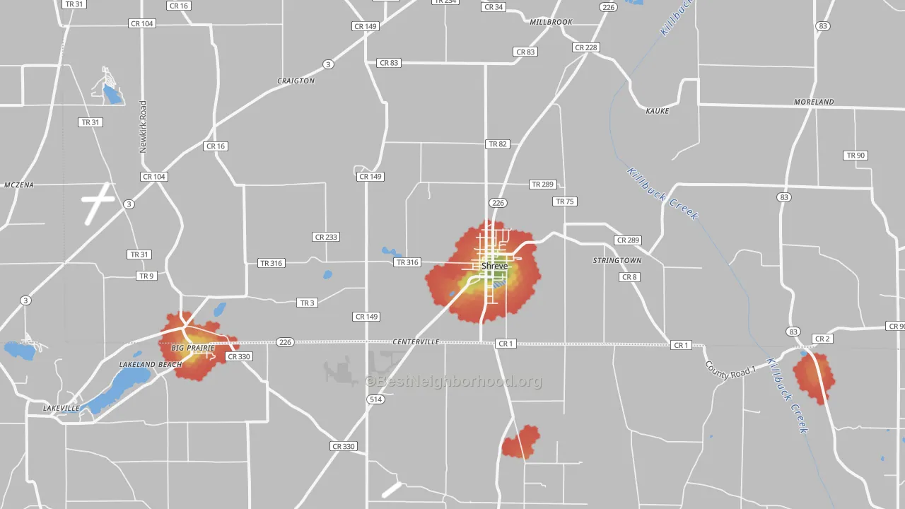 Walk Grade map of 44676, OH, walkable areas in green and car-dependent areas in red