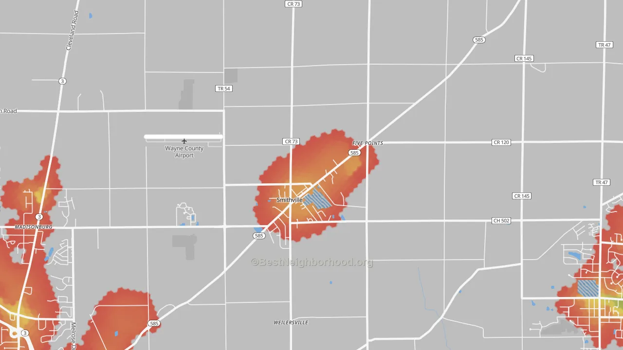 Walk Grade map of 44677, OH, walkable areas in green and car-dependent areas in red