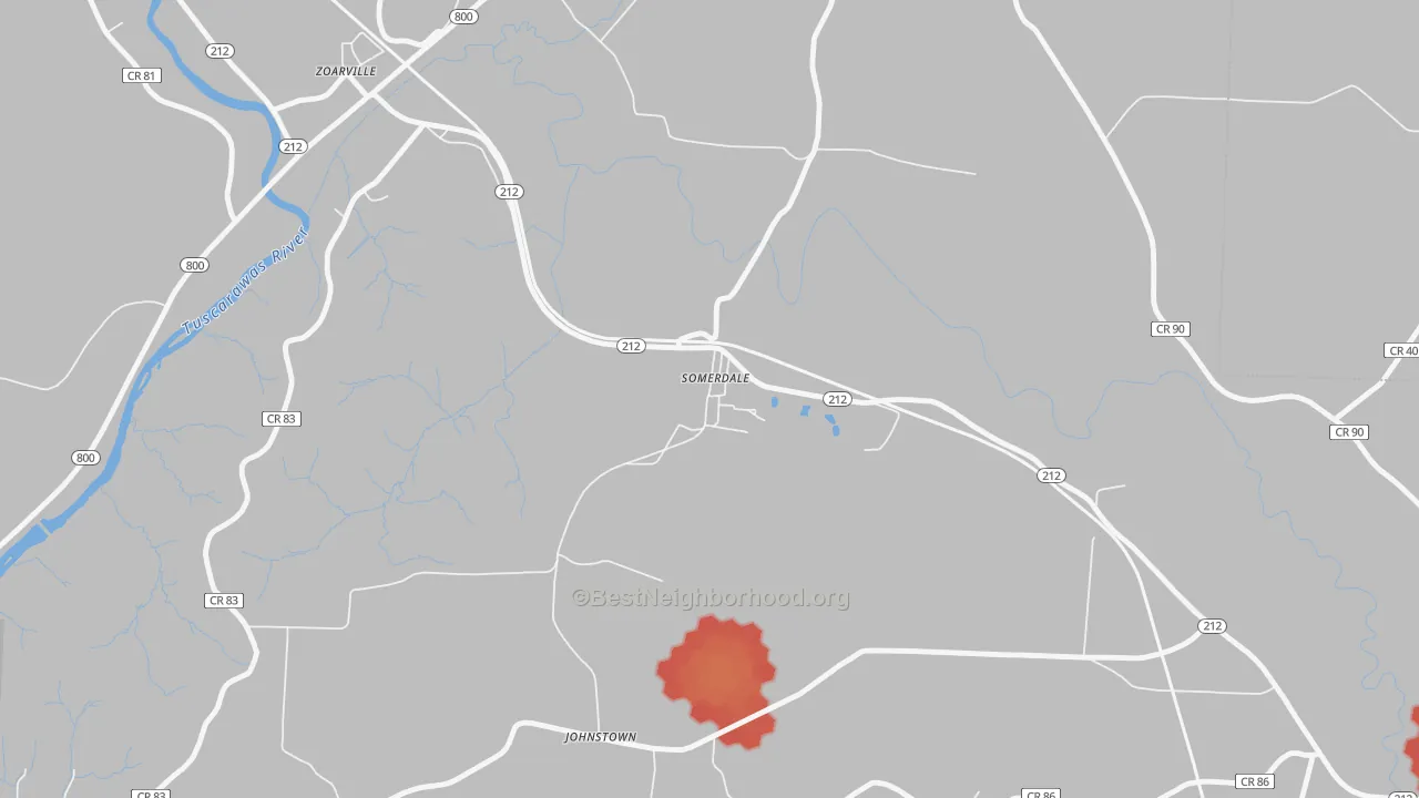 Walk Grade map of 44678, OH, walkable areas in green and car-dependent areas in red