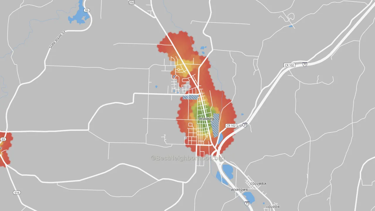 Walk Grade map of 44680, OH, walkable areas in green and car-dependent areas in red