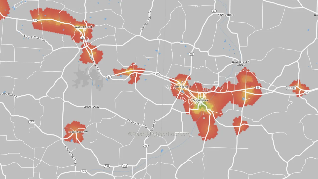 Walk Grade map of 44681, OH, walkable areas in green and car-dependent areas in red