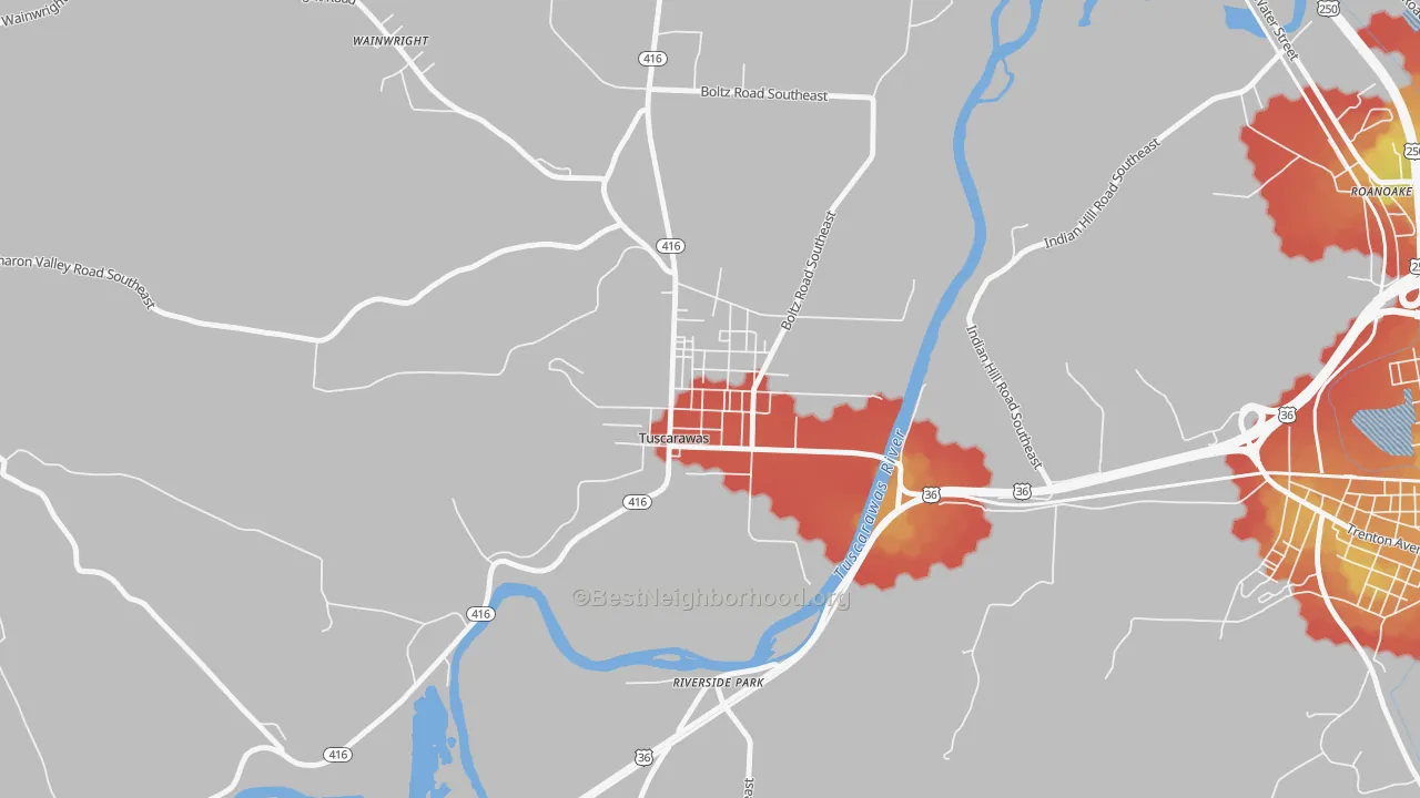 Walk Grade map of 44682, OH, walkable areas in green and car-dependent areas in red