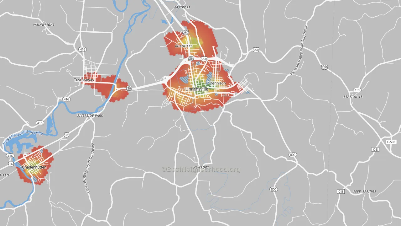 Walk Grade map of 44683, OH, walkable areas in green and car-dependent areas in red