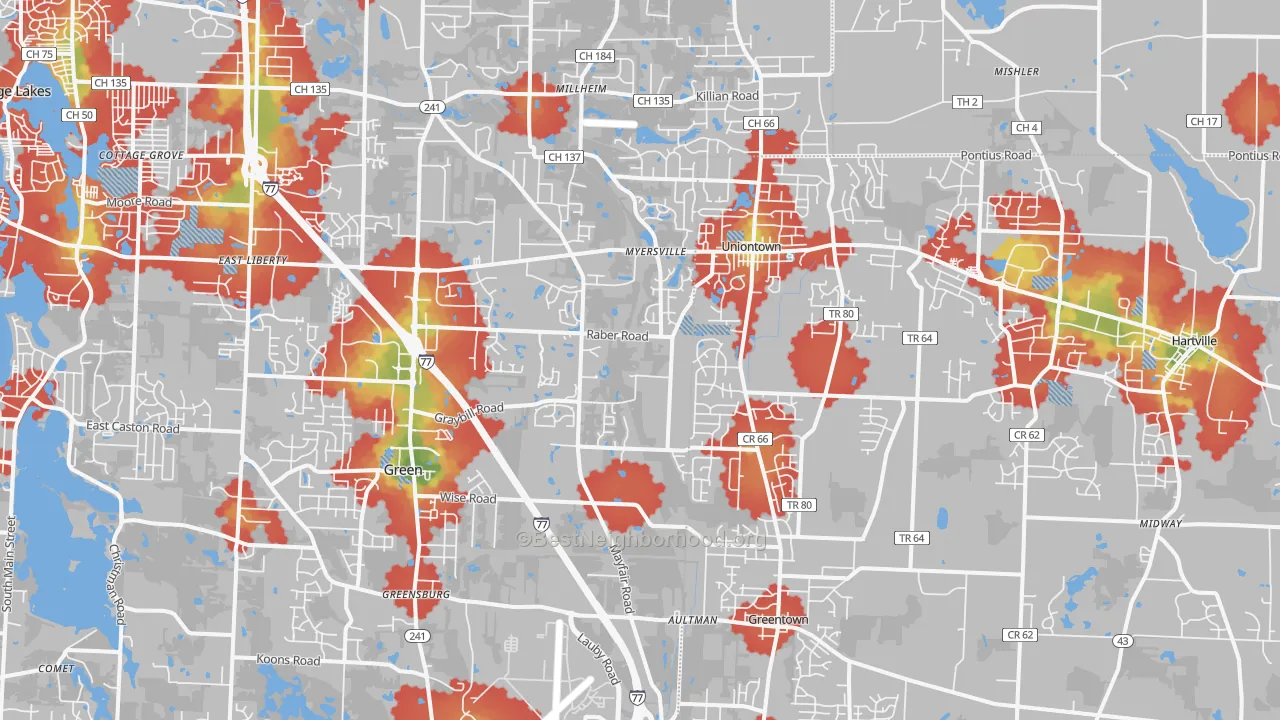 Walk Grade map of 44685, OH, walkable areas in green and car-dependent areas in red