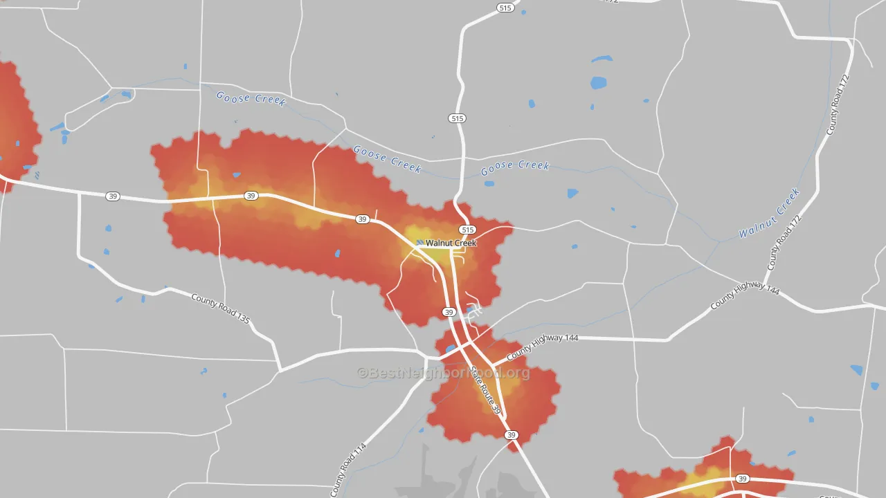 Walk Grade map of 44687, OH, walkable areas in green and car-dependent areas in red