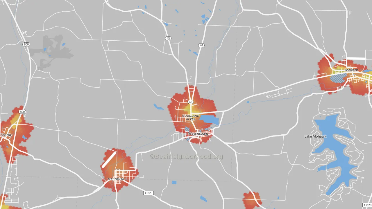 Walk Grade map of 44688, OH, walkable areas in green and car-dependent areas in red