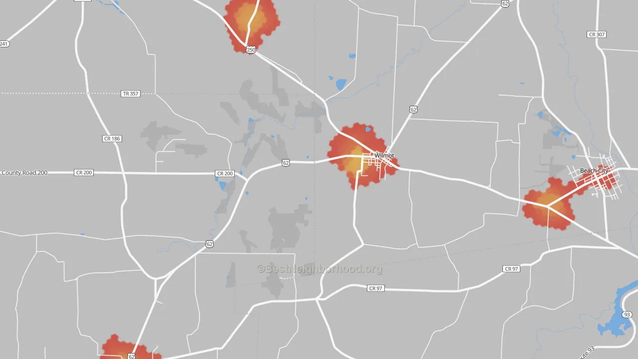 Walk Grade map of 44689, OH, walkable areas in green and car-dependent areas in red