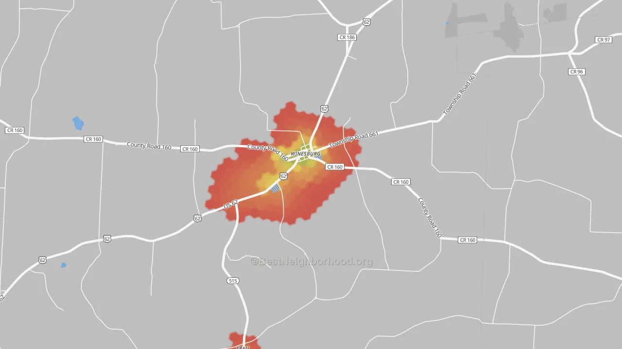 Walk Grade map of 44690, OH, walkable areas in green and car-dependent areas in red