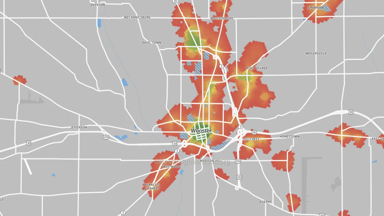 Walk Grade map of 44691, OH, walkable areas in green and car-dependent areas in red