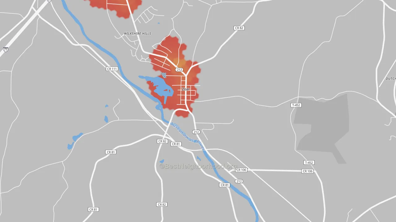 Walk Grade map of 44697, OH, walkable areas in green and car-dependent areas in red