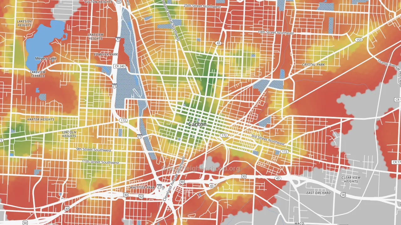 Walk Grade map of 44702, OH, walkable areas in green and car-dependent areas in red