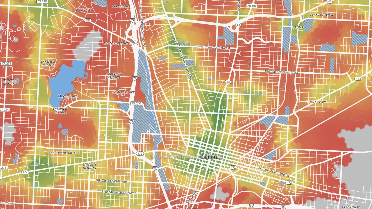 Walk Grade map of 44703, OH, walkable areas in green and car-dependent areas in red