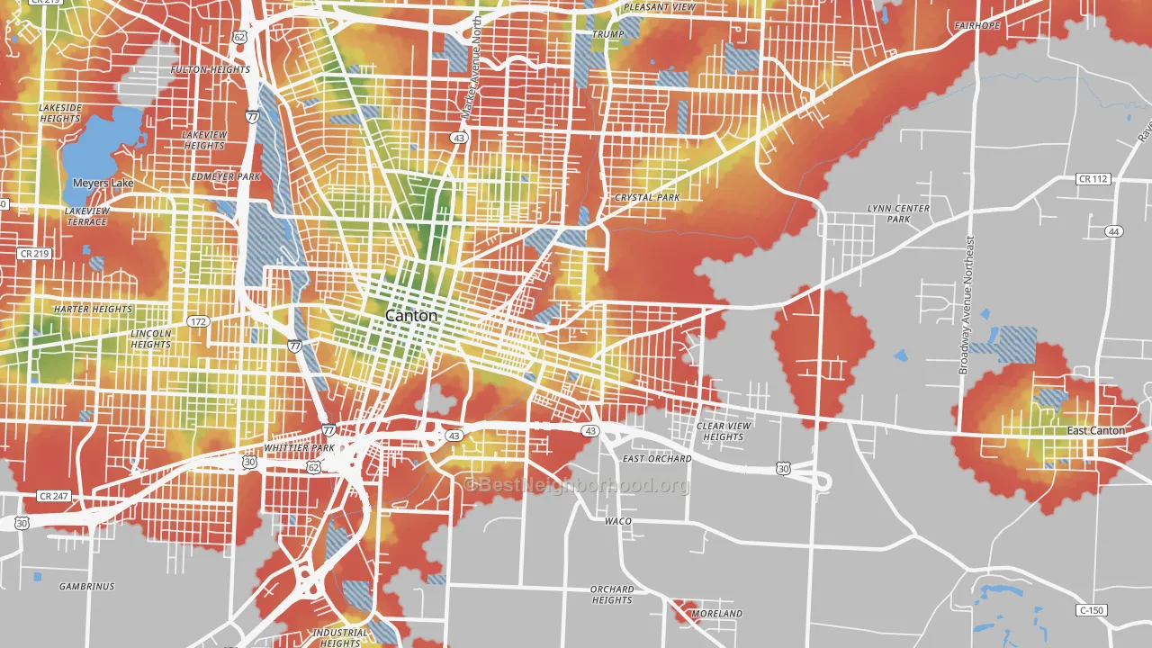 Walk Grade map of 44704, OH, walkable areas in green and car-dependent areas in red