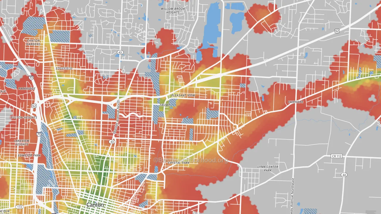 Walk Grade map of 44705, OH, walkable areas in green and car-dependent areas in red
