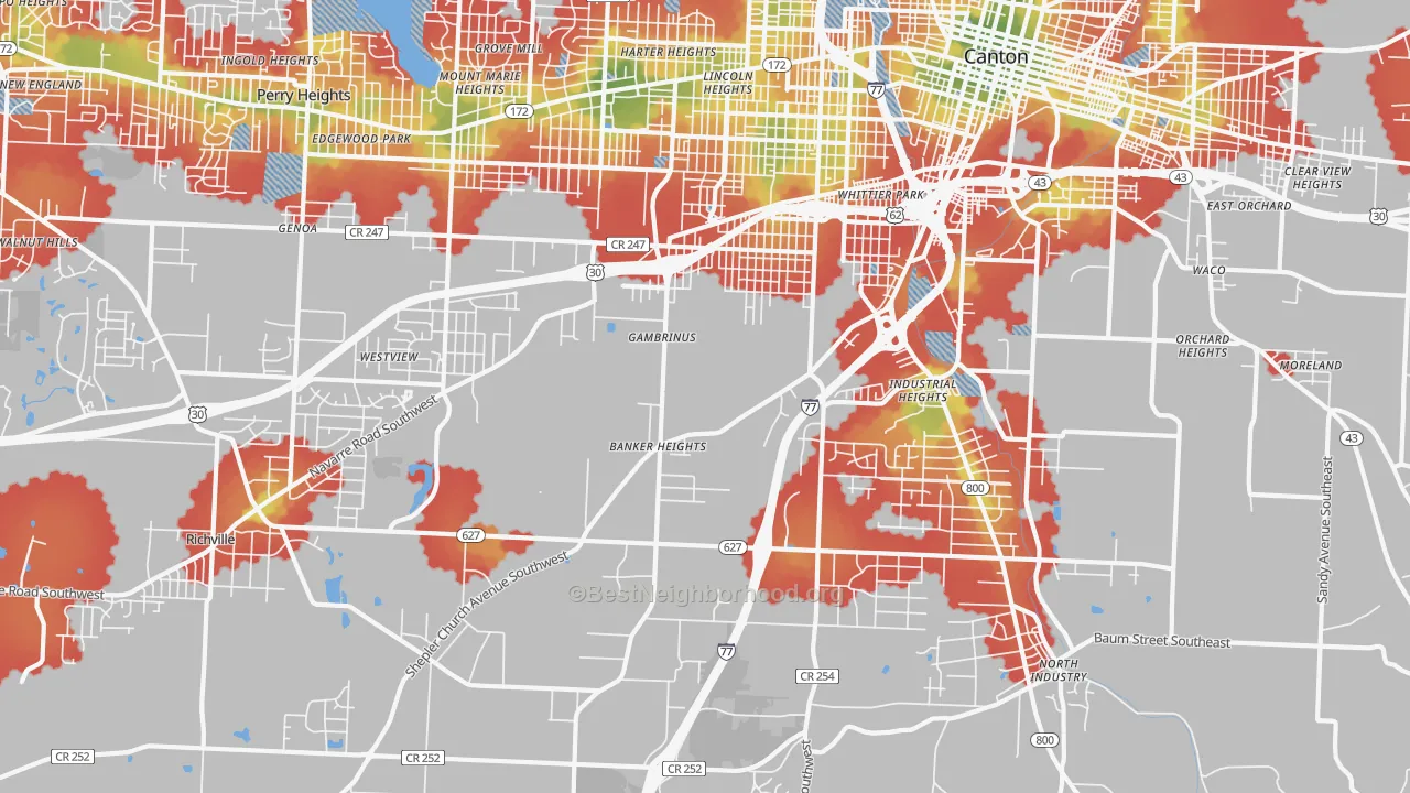 Walk Grade map of 44706, OH, walkable areas in green and car-dependent areas in red