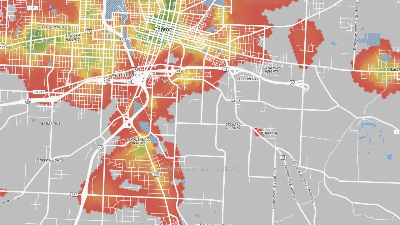 Walk Grade map of 44707, OH, walkable areas in green and car-dependent areas in red