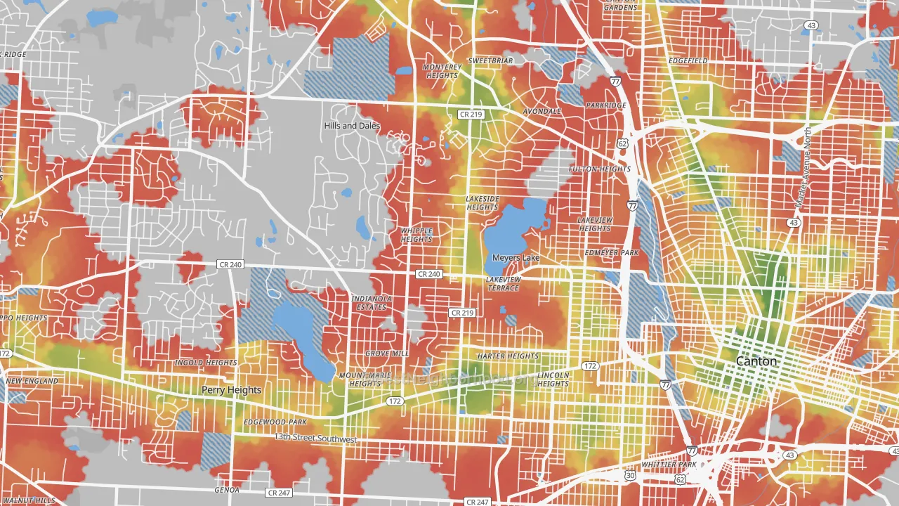 Walk Grade map of 44708, OH, walkable areas in green and car-dependent areas in red