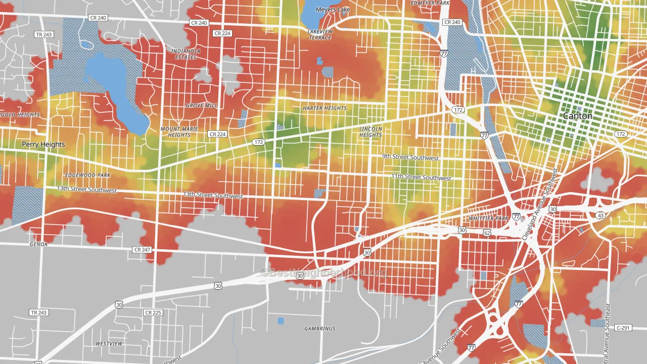 Walk Grade map of 44710, OH, walkable areas in green and car-dependent areas in red