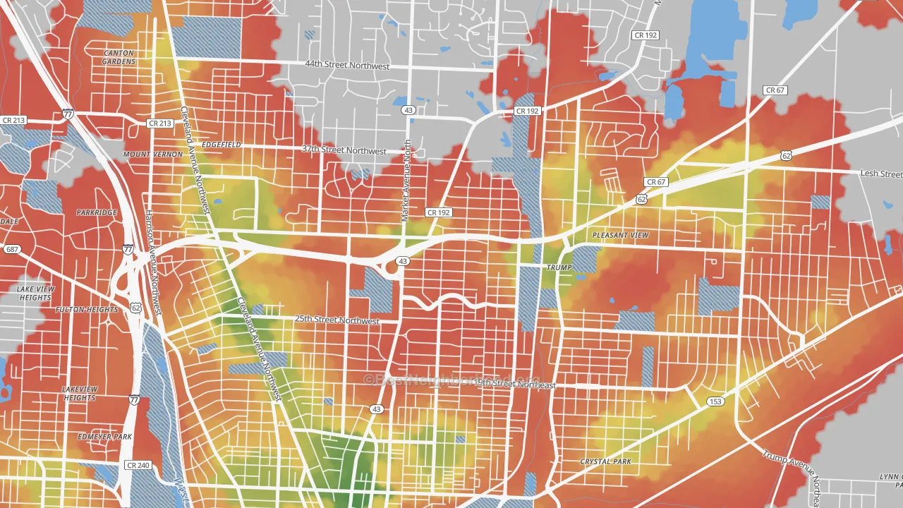 Walk Grade map of 44714, OH, walkable areas in green and car-dependent areas in red