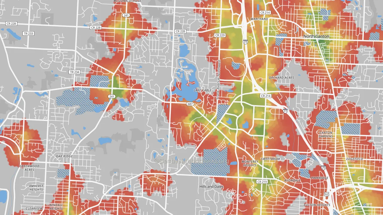 Walk Grade map of 44718, OH, walkable areas in green and car-dependent areas in red