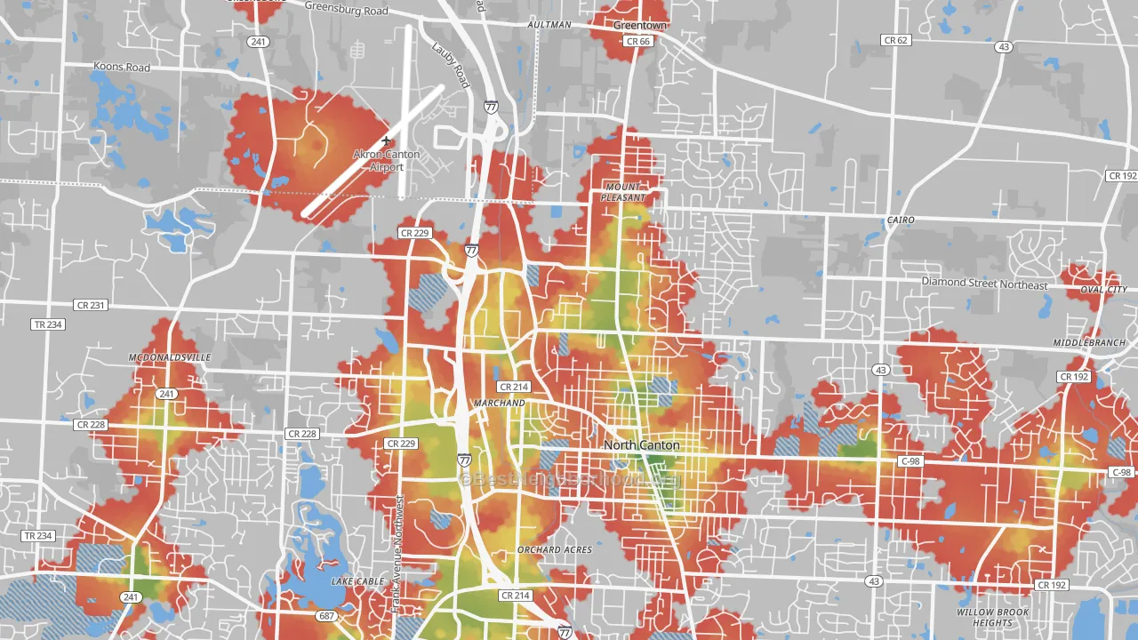 Walk Grade map of 44720, OH, walkable areas in green and car-dependent areas in red