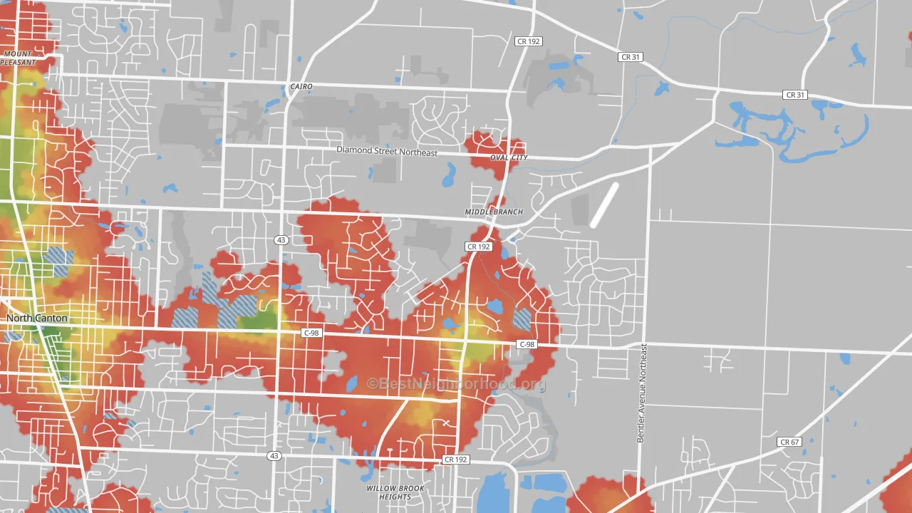 Walk Grade map of 44721, OH, walkable areas in green and car-dependent areas in red