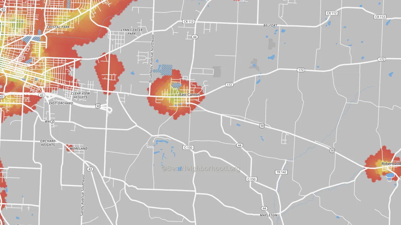 Walk Grade map of 44730, OH, walkable areas in green and car-dependent areas in red