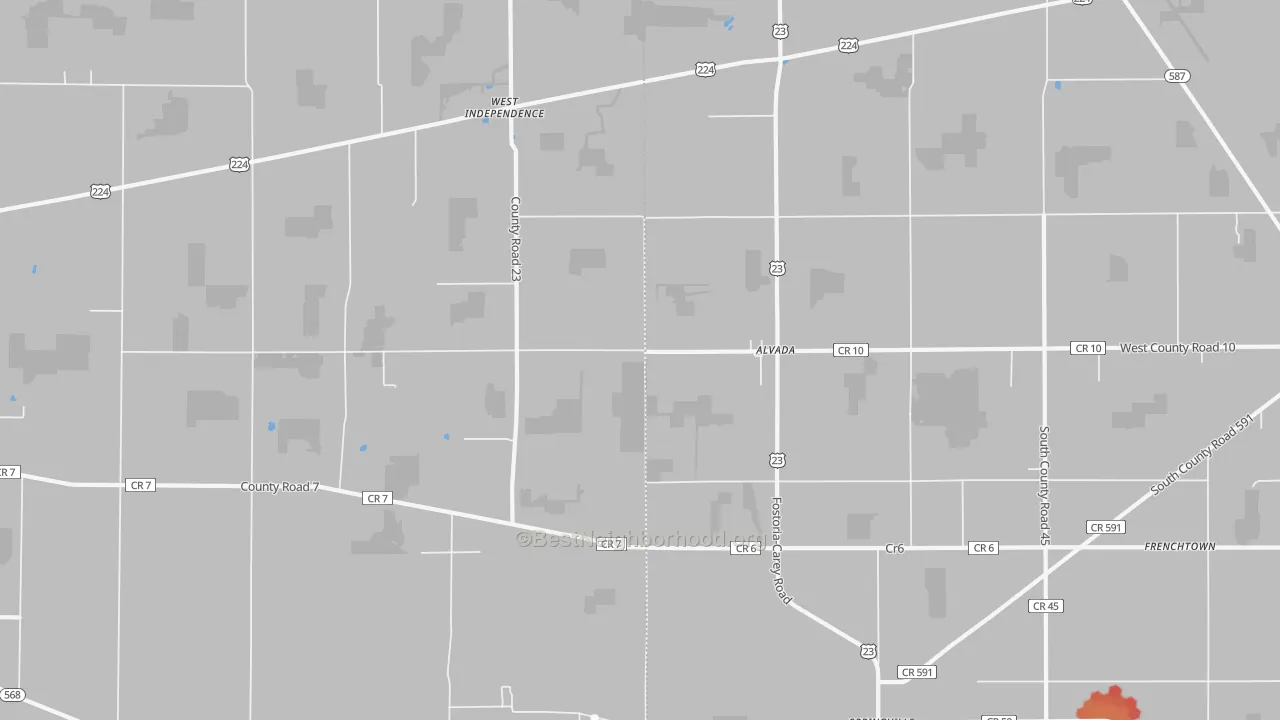 Walk Grade map of 44802, OH, walkable areas in green and car-dependent areas in red