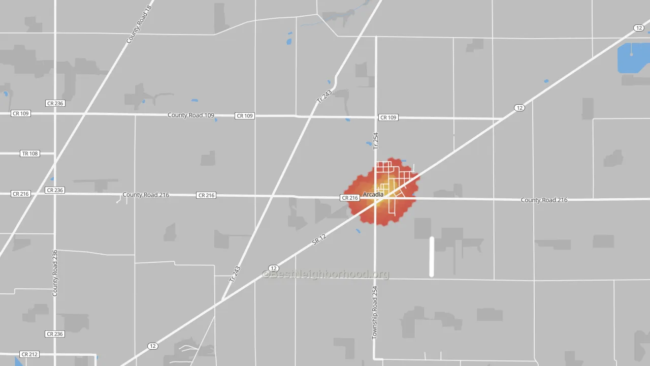 Walk Grade map of 44804, OH, walkable areas in green and car-dependent areas in red