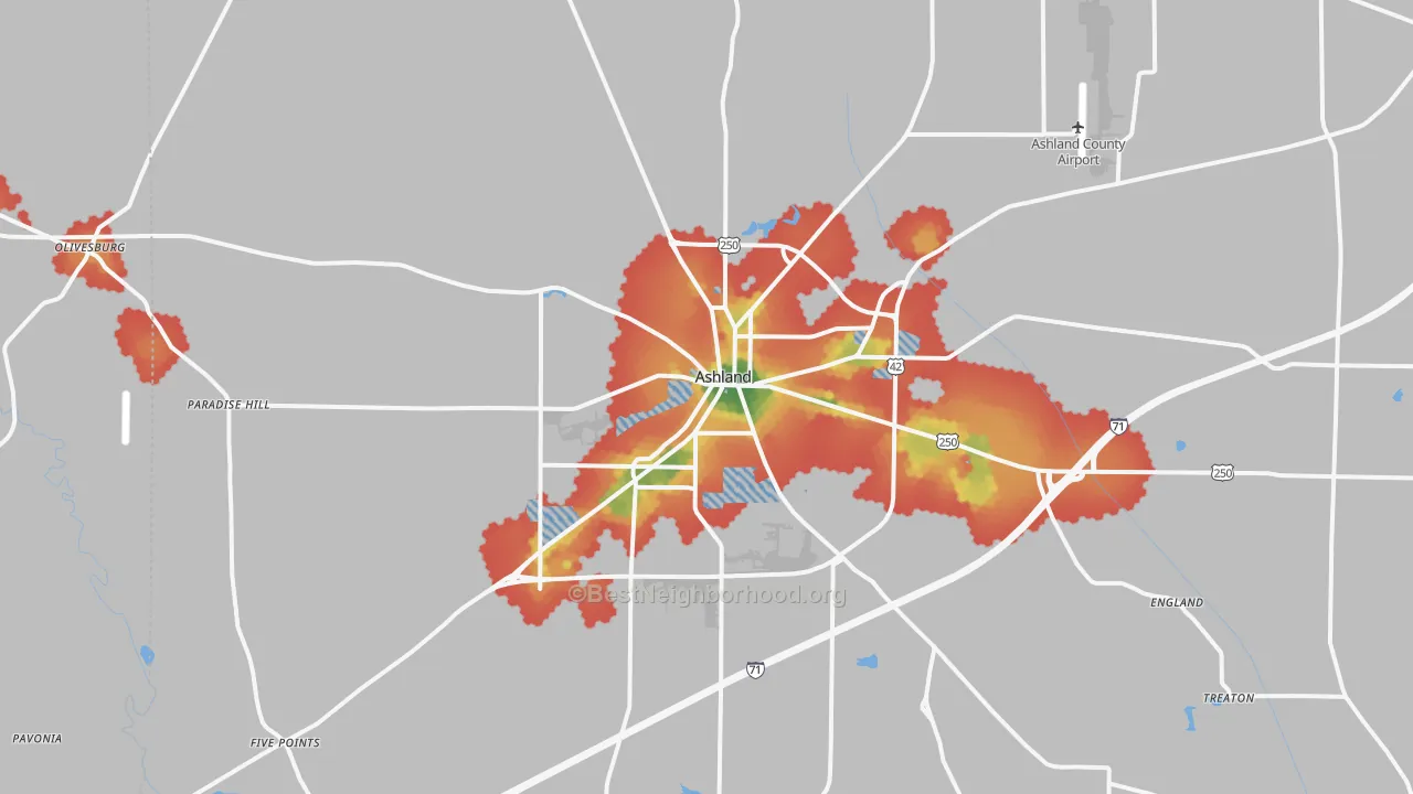 Walk Grade map of 44805, OH, walkable areas in green and car-dependent areas in red