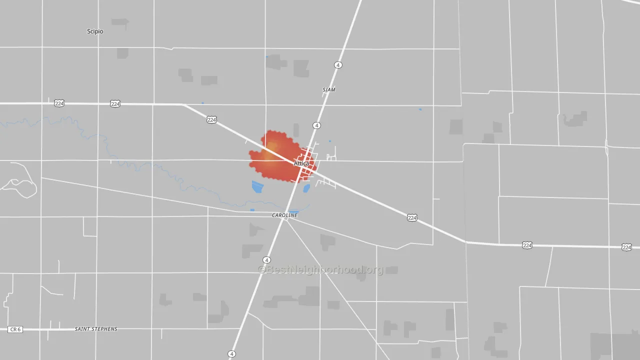 Walk Grade map of 44807, OH, walkable areas in green and car-dependent areas in red