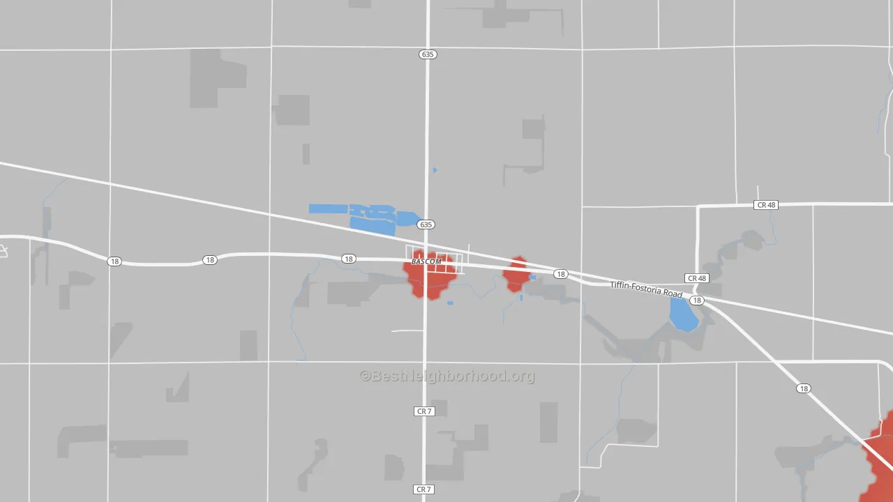Walk Grade map of 44809, OH, walkable areas in green and car-dependent areas in red