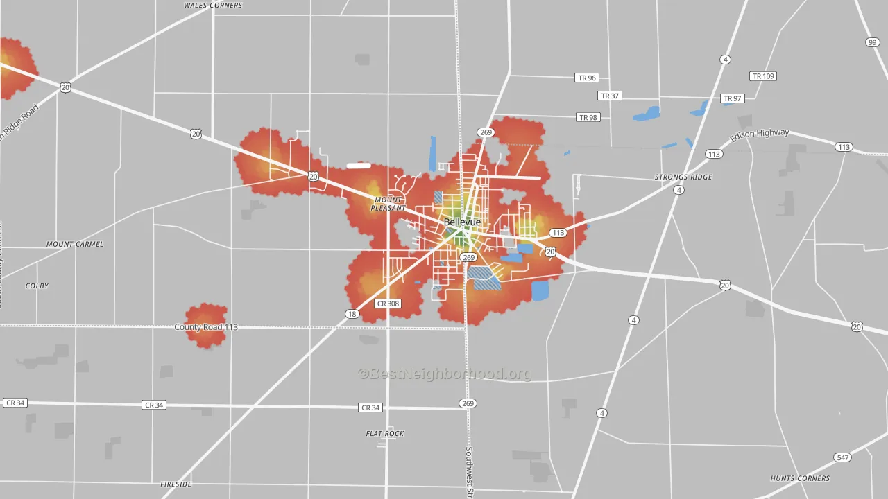 Walk Grade map of 44811, OH, walkable areas in green and car-dependent areas in red
