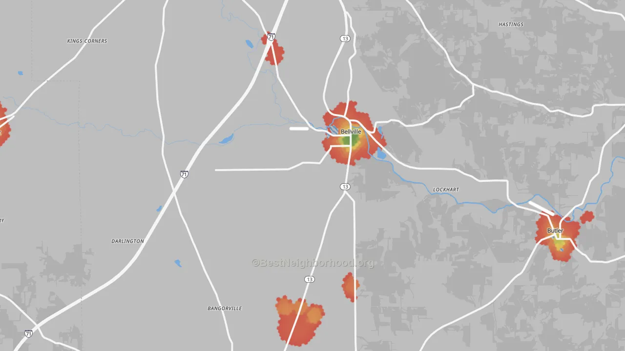 Walk Grade map of 44813, OH, walkable areas in green and car-dependent areas in red