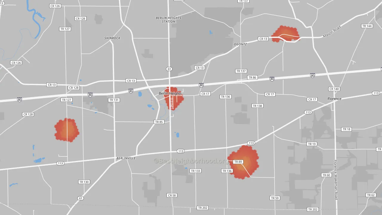 Walk Grade map of 44814, OH, walkable areas in green and car-dependent areas in red
