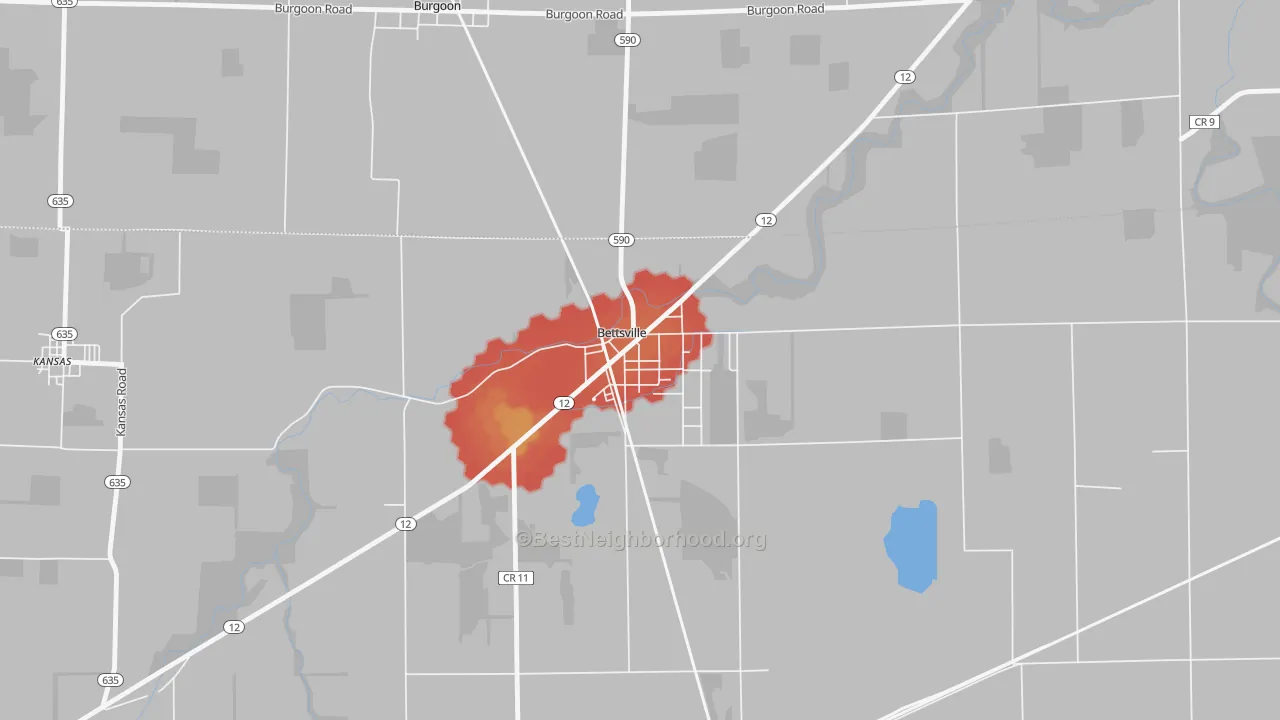 Walk Grade map of 44815, OH, walkable areas in green and car-dependent areas in red