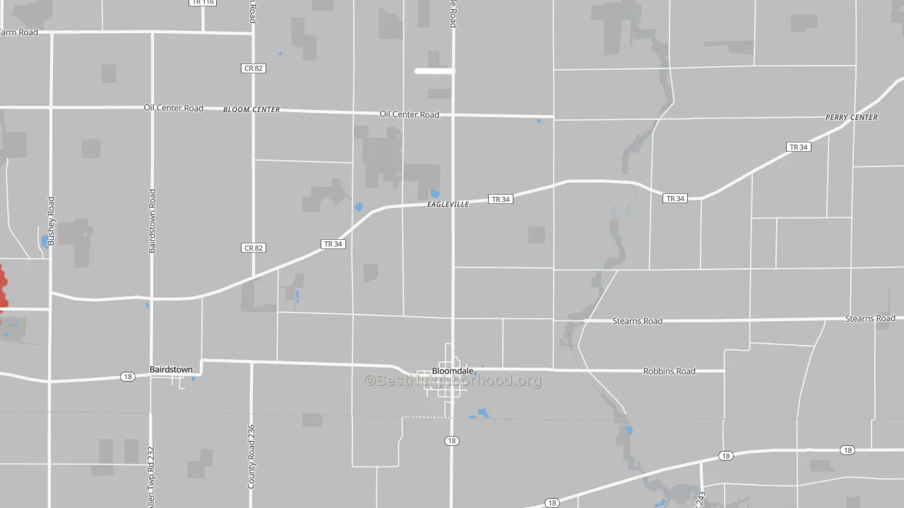 Walk Grade map of 44817, OH, walkable areas in green and car-dependent areas in red
