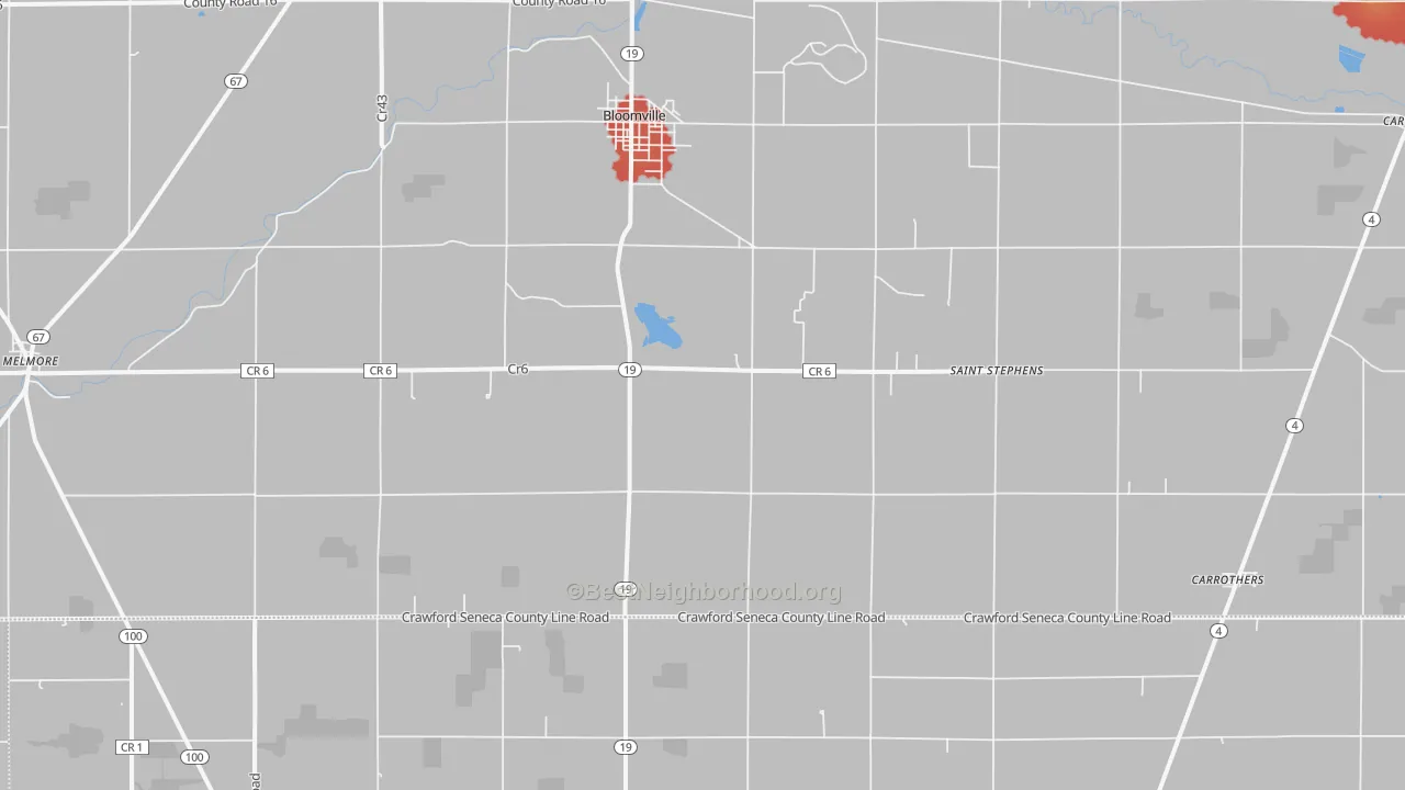 Walk Grade map of 44818, OH, walkable areas in green and car-dependent areas in red