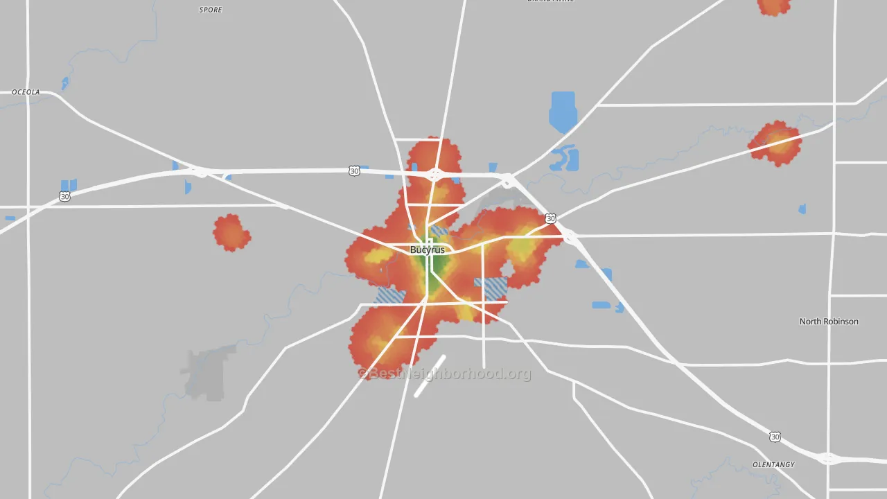 Walk Grade map of 44820, OH, walkable areas in green and car-dependent areas in red