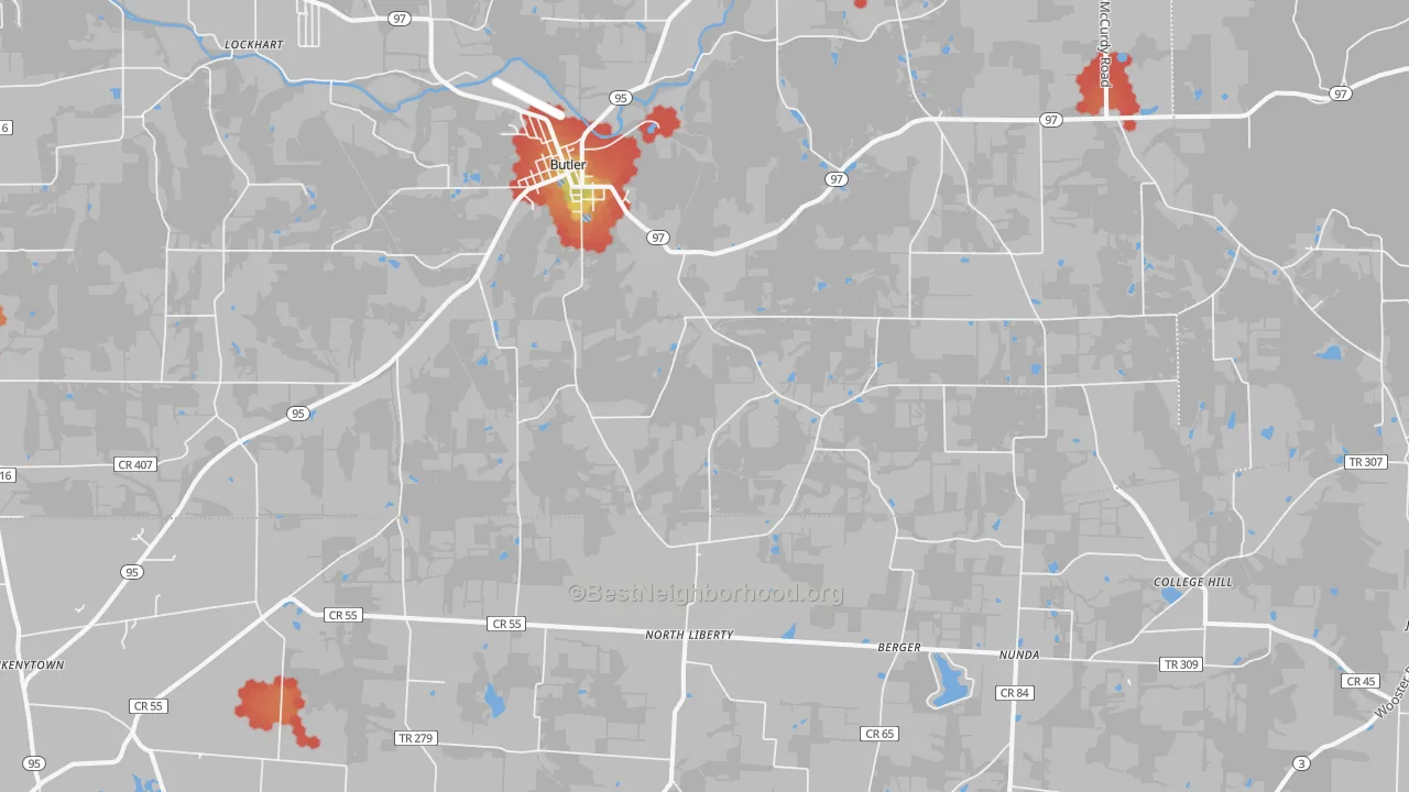 Walk Grade map of 44822, OH, walkable areas in green and car-dependent areas in red